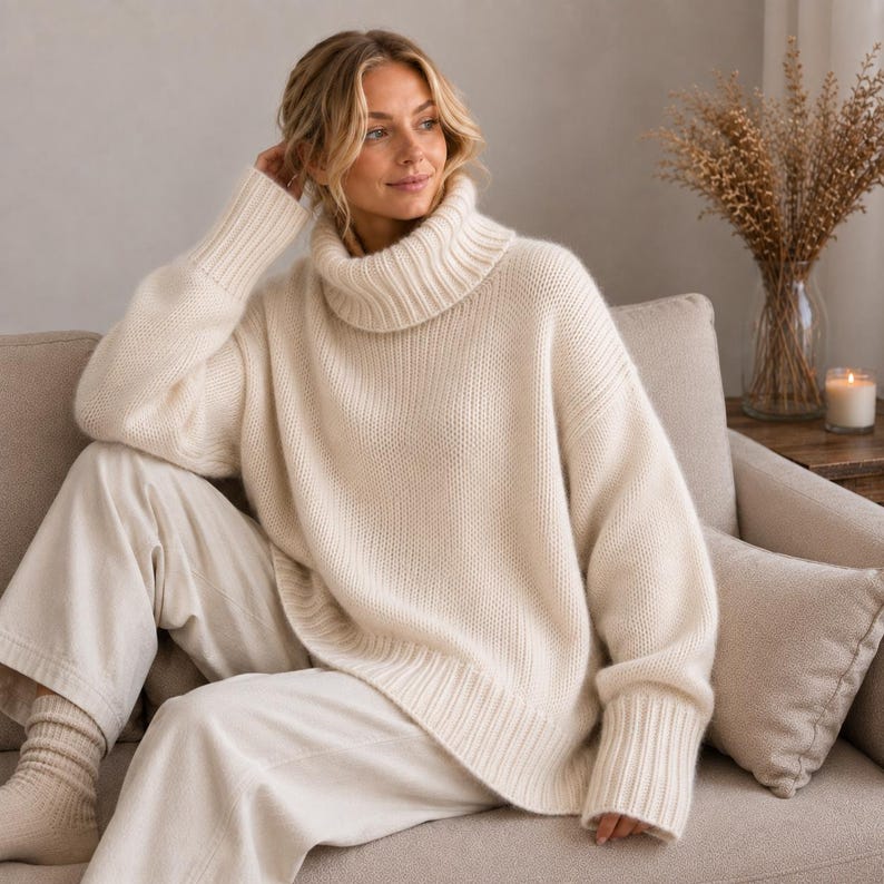 May include: An oversized cream-colored sweater featuring a thick ribbed turtleneck collar, long sleeves with wide ribbed cuffs, and a matching ribbed hem. The knit garment has a relaxed fit and a textured surface, paired with matching cream-colored trousers.