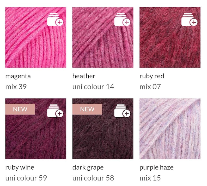 May include: A collection of colorful yarn skeins in various shades of pink, red, and purple. The colors include magenta, heather, ruby red, ruby wine, dark grape, and purple haze. Each skein has a label with the color name and a product code.