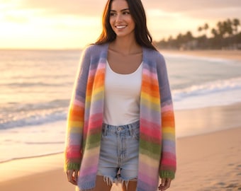 Hand Knitted Mohair Cardigan | Oversized Rainbow Sunset Sweater Gradient Colors