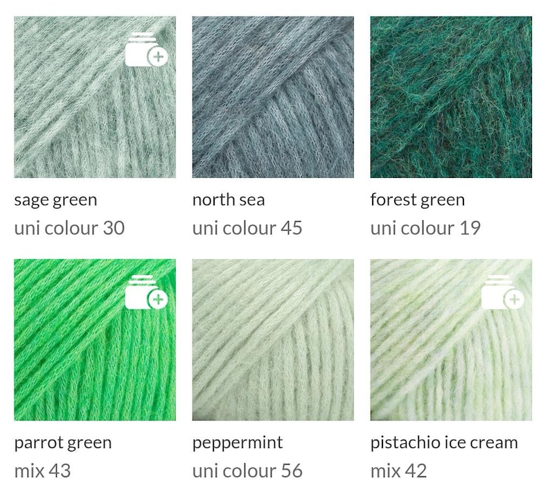 May include: A collection of six skeins of yarn in various shades of green and blue. Colors include sage green, north sea, forest green, parrot green, peppermint, and pistachio ice cream. Each skein is labeled with its color name and a unique identifier.