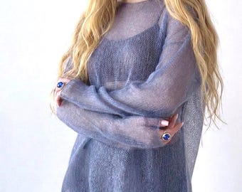 Sheer Mohair Silk Hand Knitted Sweater, Lightweight Cloud Jumper, Oversize Airy Knit