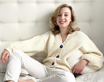 Chunky Merino Wool Cardigan, Hand Knitted Ecru Sweater, Cottagecore Fashion