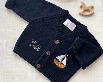 Personalized Baby Cashmere Merino Cardigan V neck, Sweater with Name & Sailing Boat Embroidery, Luxury Newborn Gift