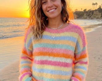 Rainbow Mohair Sweater Sunset Striped Pullover, Chunky Oversized Fit, Pastel Colors, Colorful Pullover