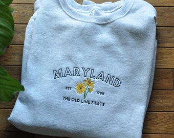 Maryland Embroidered Crew Sweatshirt - Jerzees - State Flower Black Eyed Susan Embroidery Crewneck