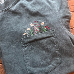 Wildflower Embroidered Pocket Tee - Floral Flower T-shirt Shirt - Comfort Colors T Embroidery