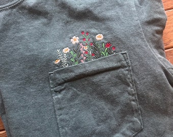 Wildflower Embroidered Pocket Tee - Floral Flower T-shirt Shirt - Comfort Colors T Embroidery