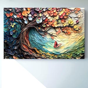 Lienzo con textura colorida, árbol y mariposas en relieve 3D - Impresionante paisaje natural