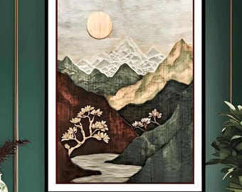 Mountain Landscape Wabi Sabi Wall Art | Japandi Wooden Styled Relief Print | Nature Zen Decor, Asian Inspired Mountain Range Artwork