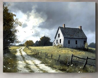 Rustic White Farmhouse Canvas - Stormy Country Road Art Print for Cozy Homes, Rural Landscape Countryside Wall Decor
