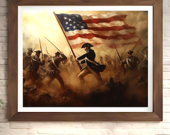 American Revolution Battle Print - Patriotic Wall Art with Soldiers and Flag, Historical Composisition, Independence Artwork for Home Decor