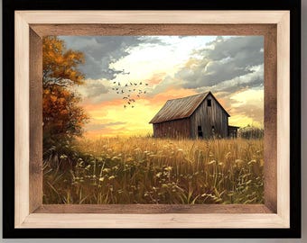 Rustic Barn Sunset Print –  Farmhouse Wall Art, Country Landscape Decor, Vintage Styled Rural Scene, Warm Home Gift