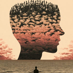 May include: A surreal digital artwork featuring a large silhouette of a human head filled with pinkish clouds and a crowd of tiny figures standing on top. Below, a lone figure stands in dark water facing the giant head against a sunset sky.