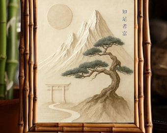 Zen Japanese Wall Art with Calligraphy  “He Who Knows Contentment Is Rich”  Minimalist Mountain Tree Torii Scroll Print,  Japandi Home Decor
