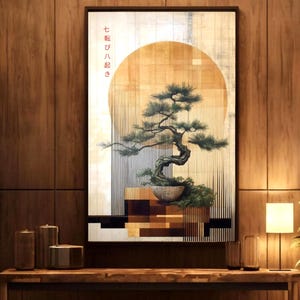Inspirational Zen Decor - Wood Panel Styling Bonsai Print - Japandi Wall Art - Harmonious Sun Design