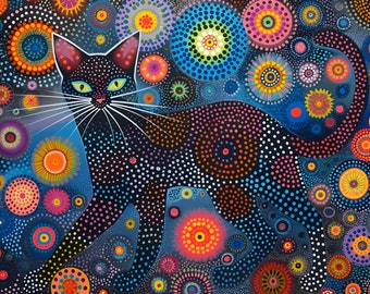 May include: A black cat with white whiskers is silhouetted against a colorful background of circles and dots. The circles are in shades of blue, green, red, orange, yellow, and pink.