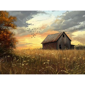 Rustic Barn Sunset Print – Farmhouse Wall Art, Country Landscape Decor ...
