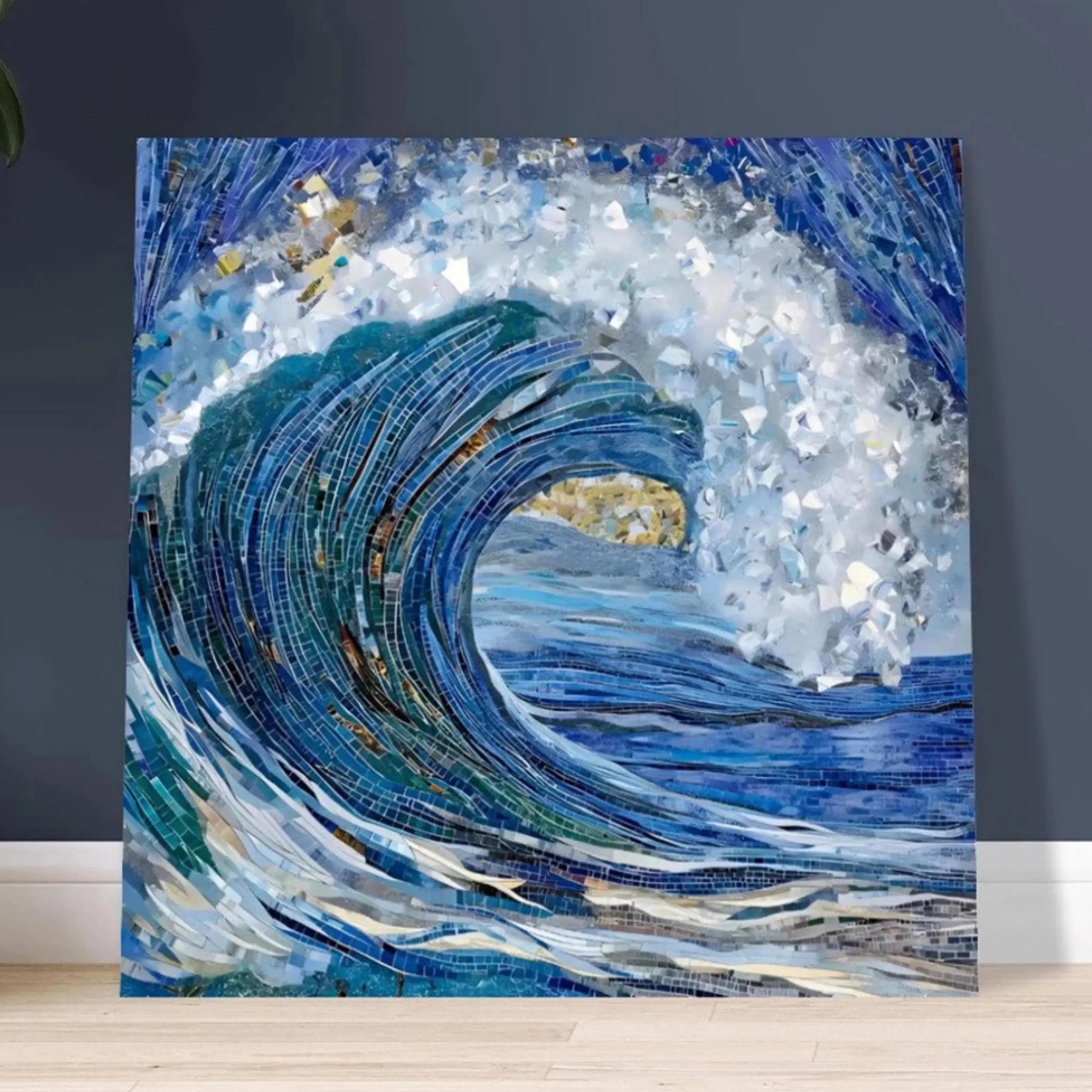 Cool Ocean Wave Print, Mosaic Ocean Design, Art Nouveau