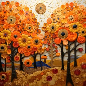 May include: A colorful abstract wall art piece featuring a textured, 3D design of swirling orange and yellow circles, resembling flowers. The artwork is set against a white background.
