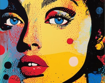 Può includere: Ritratto in stile pop art del volto di una donna. L'opera presenta colori vivaci, tra cui giallo, rosso, blu e nero. La donna ha gli occhi blu, le labbra rosse e i capelli neri. Lo stile ricorda l'arte dei fumetti.
