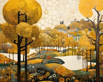 クリムトにインスパイアされた秋の村のアールヌーボー版画：黄金の川の