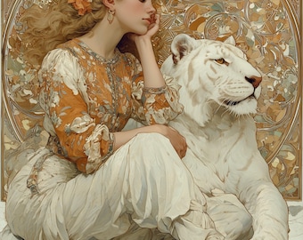 Art Nouveau Digital Prints Set of 5 - Vintage Style Woman & Animals Wall Art - Instant Download Home Decor - Alphonse Mucha Inspired