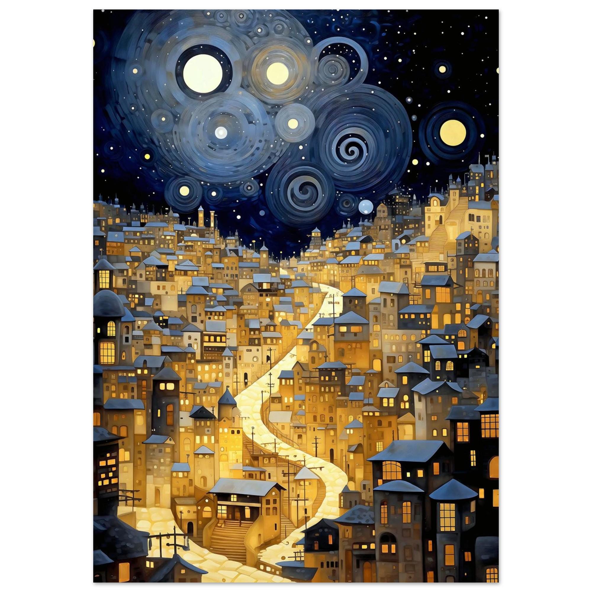 星空の夜景プリント - 黄金の道の都市景観 - クリムト風ウォールアート