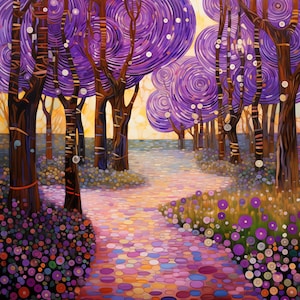 Klimt Style Landscape Print Set of 5, Purple Flower Art, Cottage Garden Wall Decor, Circular Floral Pattern, Pond Reflection Digital Art