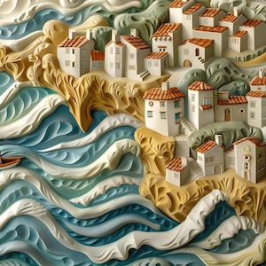 Set med 5 i 5K! MC Escher-stil kustkonst med havslandskap, direkt nedladdning, 3D-konstdesign, utskrift på begäran, digital utskrivbar konst, strand, nautisk