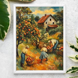 Rustic Farmhouse Scene with Apple Pickers at Golden Hour - Countryside Orchard Pastoral Print, Country Wall Art for Home Decor