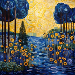 May include: A painting depicting a blue river winding through a forest, with yellow sunflowers lining both banks. The trees are stylised and feature a blue and purple colour scheme. The sky is yellow with swirling patterns.