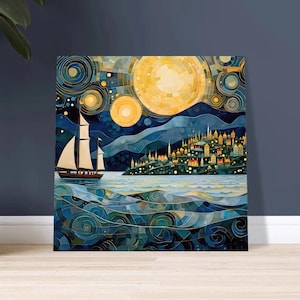Stampa a tema nautico in stile Gustav Klimt, arte murale di barche a vela, arte paesaggistica costiera, arte oceanica e marina, arte della vela, arte murale nautica, Klimt