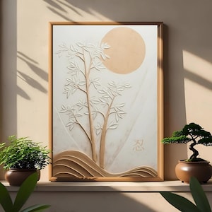 Arte murale minimalista con albero zen / Stampa botanica in stile Japandi / Decorazione giapponese moderna / Arte murale boho neutra / Stampa pronta da appendere