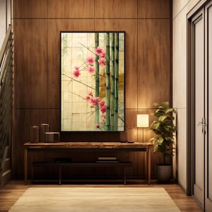 Japandi Pink Peach Blossoms Poster - Serene Nature & Bamboo Wall Art - Hochwertiger Druck - Symmetrisches Design