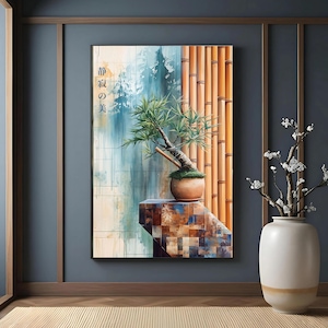 La belleza de la quietud: arte mural de bonsái y bambú, impresión de caligrafía kanji vertical, decoración zen wabi sabi, póster de inspiración japonesa