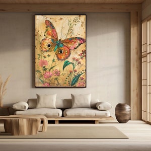Bezaubernde Naturszene: Schmetterling & Blumen Kunstdruck, warmes botanisches Gartendekor, charmantes Blumenmuster