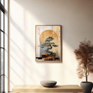 May include: A minimalist interior design with a wooden bench and a framed print of a bonsai tree with a golden background. The print has Japanese text that reads "生きた心"