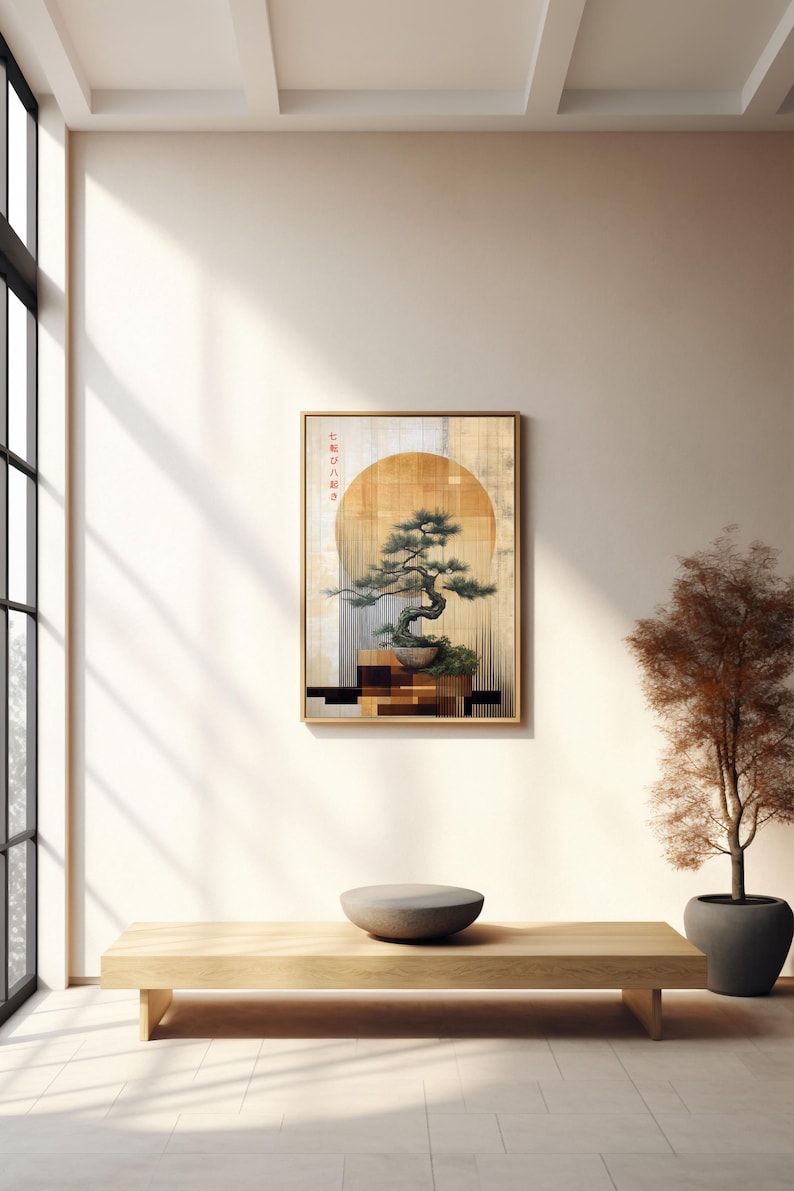 May include: A minimalist interior design with a wooden bench and a framed print of a bonsai tree with a golden background. The print has Japanese text that reads "生きた心"