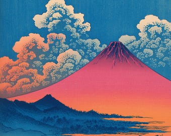Japanese Woodblock Print Set of 5, Hiroshige Style Art, Mount Fuji