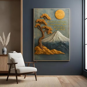 Stampa murale Zen Pine Tree - Stampa giapponese in bassorilievo con montagna e luna dorata, decorazione naturale e tranquilla per sala da tè, casa o ufficio