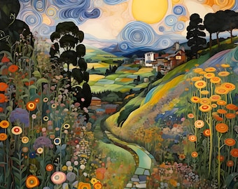 Set of 5 in 25K! Remarkable Gustav Klimt Inspired Landscapes digital download, Gustav landscape scenes, printable art, Klimt style scene