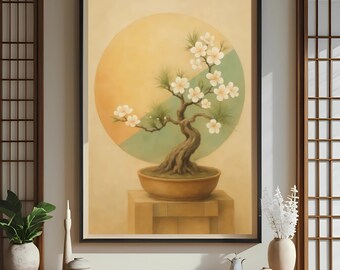 禅盆栽桜アートプリント | 日本の植物ウォールアート | ミニマリストアジアンホームデコレーション | 美術館品質のポスター