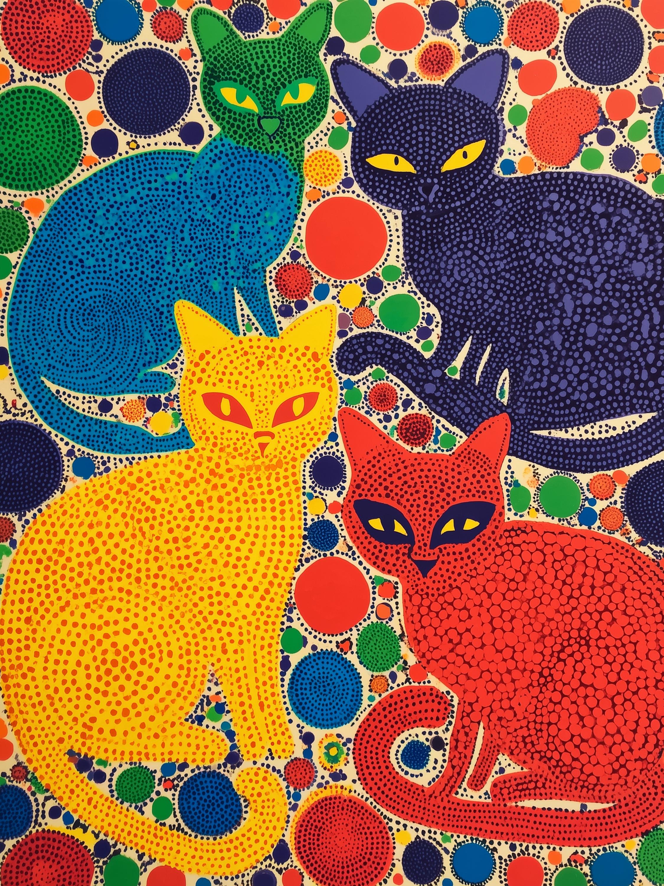 草間彌生風猫アートセット - 水玉模様の猫のプリント5枚 - デジタル
