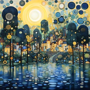 May include: A painting depicting a city with yellow buildings and a blue river. The city is surrounded by trees and a bright yellow sun. The painting is executed in a style reminiscent of pointillism, using small dots of colour to create the image.