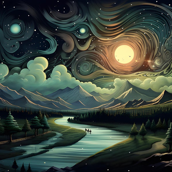 Escher Inspired Digital Galaxy Landscapes in 5K.  Set of 5 horizontal orientation, Escher styled moonscape, celestial landscape