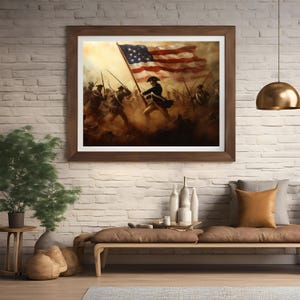American Revolution Battle Print - Patriotic Wall Art with Soldiers and Flag, Historical Composisition, Independence Artwork for Home Decor
