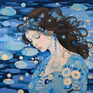 Incredible Gustav Klimt Inspired Landscapes in 25K!  Set of 5, digital download, Gustav garden scene, printable art, Klimt style scene, Blue
