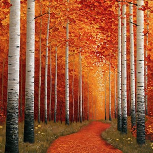 May include: An oil painting of a forest path lined with tall white birch trees. The ground is covered in a dense layer of fallen orange and red leaves. The canopy above is filled with vibrant autumn foliage in shades of gold, orange, and red.
