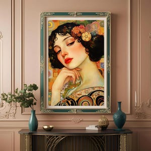 Stampa Golden Dreams / Arte murale ispirata a Klimt / Ritratto a spirale dorata / Volto di donna Nouveau / Dipinto astratto moderno per l'arredamento della casa