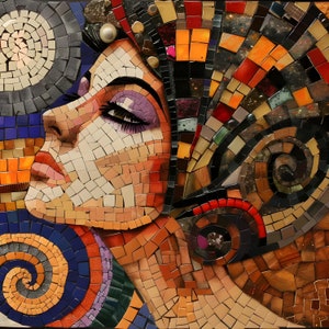 May include: A mosaic portrait of a woman with a colorful background. The woman's face is made of small, square tiles in shades of brown, white, and black. Her hair is a dark, swirling pattern of tiles. The background is a mix of bright colors, including red, orange, yellow, and blue.